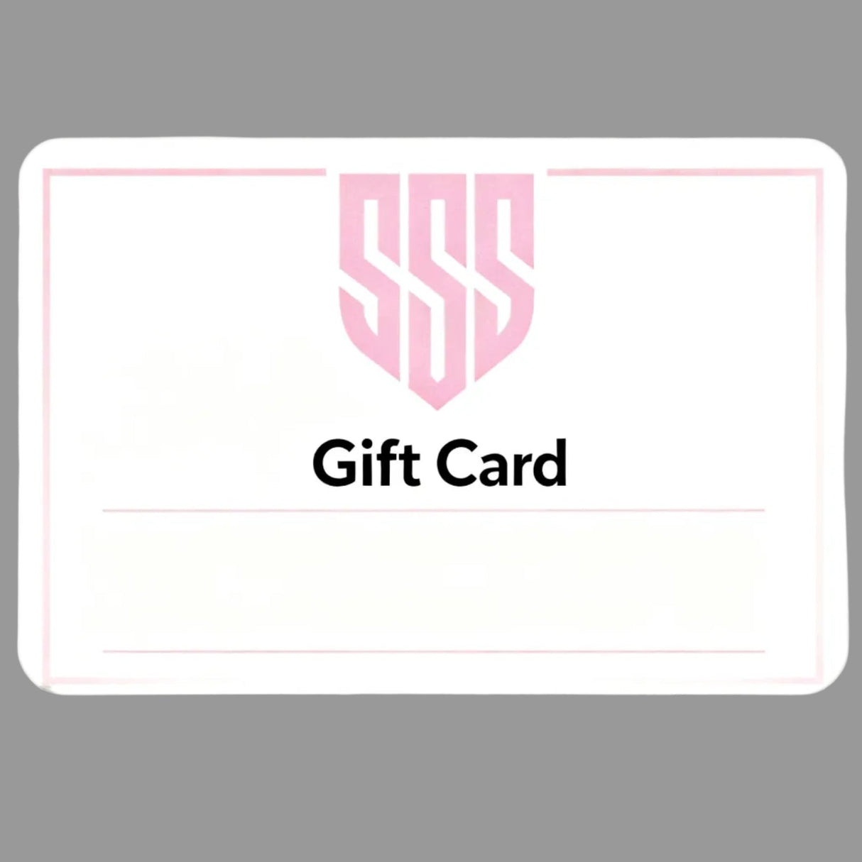 SSS Racing Gift Cards: pink shield logo, pale pink border, white card stock, gold-tinted edges, sleek modern typography!