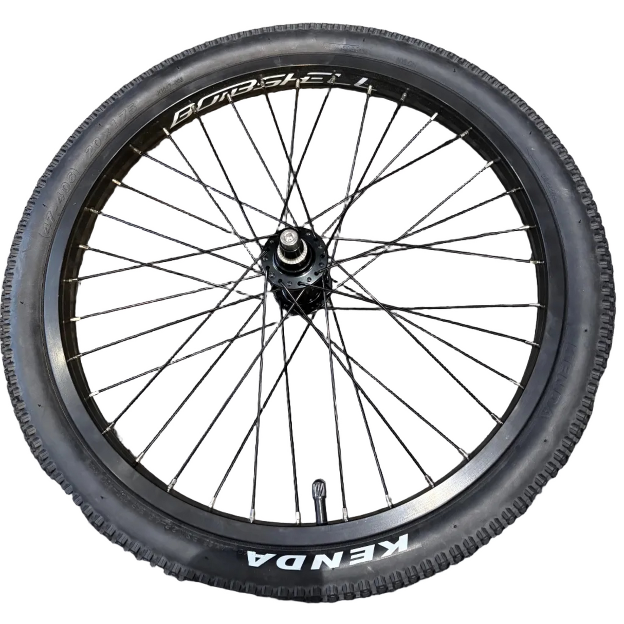 Bombshell Aluminium wheelset Pro 36H V-Brake Black IN STOCK with black rim, chunky tread tire, numerous spokes, centered hub