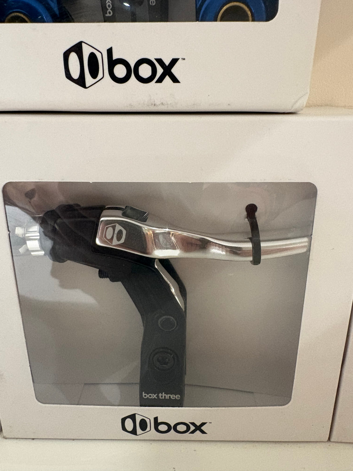 Box Three V-Point Short Reach Brave Lever by SSS Racing in black plastic body with chrome silver lever, integrated mount.