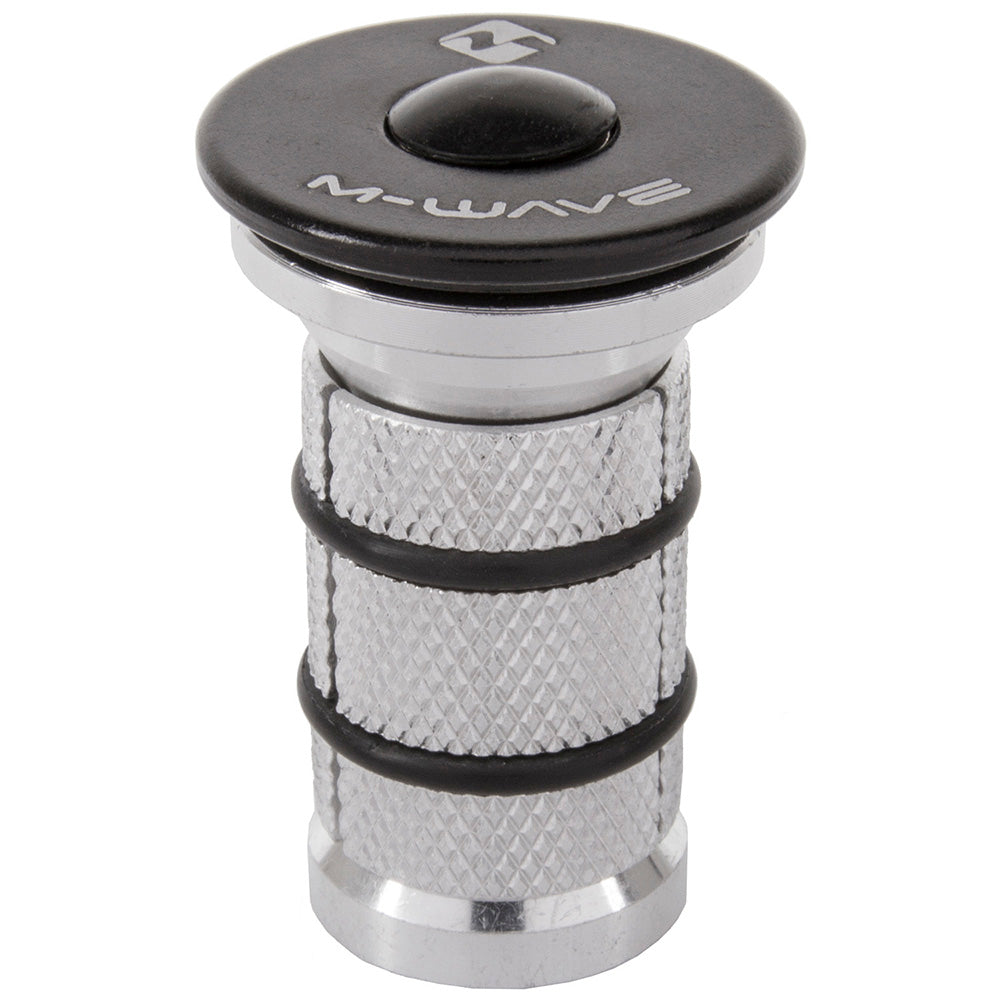 M Wave Compression Plug 1-1/8" For Carbon Forks SSS Racing, silver aluminum body with knurled grip and black rubber O-rings.