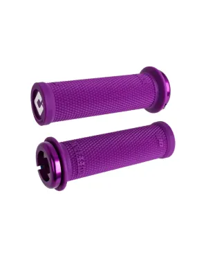 ODI Ruffian Mini Grips in purple pair of cylindrical knurled grips with fine texture and dark metal end caps truly compact