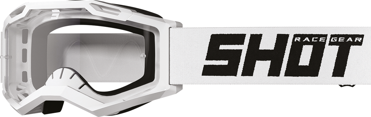 SHOT Racegear Rocket Kids 2.0 Goggles with white frame and white strap, clear polycarbonate lens, SSS Racing branding solid
