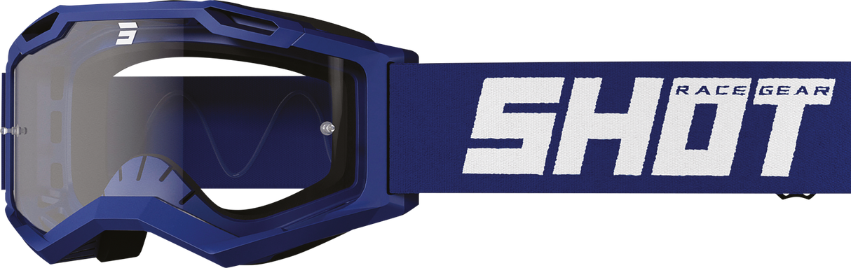 SHOT Racegear Rocket Kids 2.0 Goggles blue frame, polycarbonate lens, navy strap with white SHOT logo, SSS Racing branding.