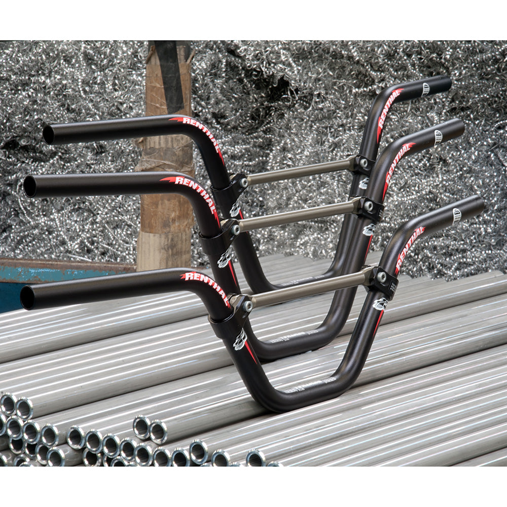Renthal Moto Bars: black matte aluminum handlebars, red logo accents, sturdy clamps, smooth CNC bends. Ideal for BMX racing.