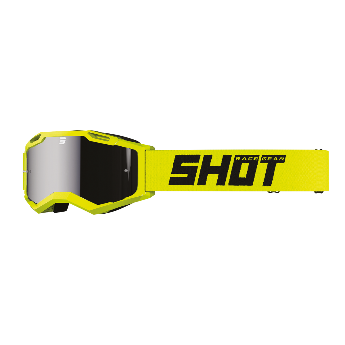 SHOT Racegear Rocket Kids 2.0 Goggles: neon yellow frame and strap, mirrored silver lens, hexagon shape, bold black logo.
