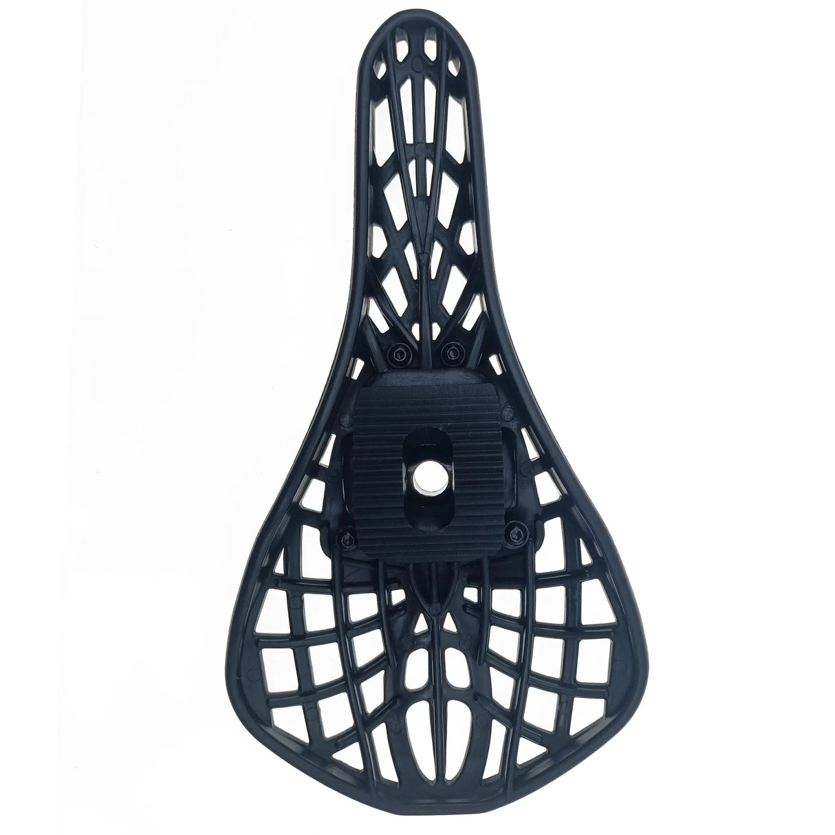 Yoshoka Pivotal Saddle / Seat in black, elongated oval with cutout lattice pattern and slim ribbed rails, glossy.