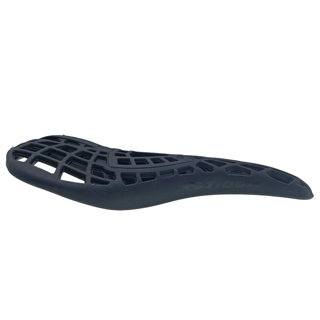 Yoshoka Pivotal Saddle / Seat in dark black featuring a lattice-grid top, slim oval shape, contoured edges and hollow cutouts