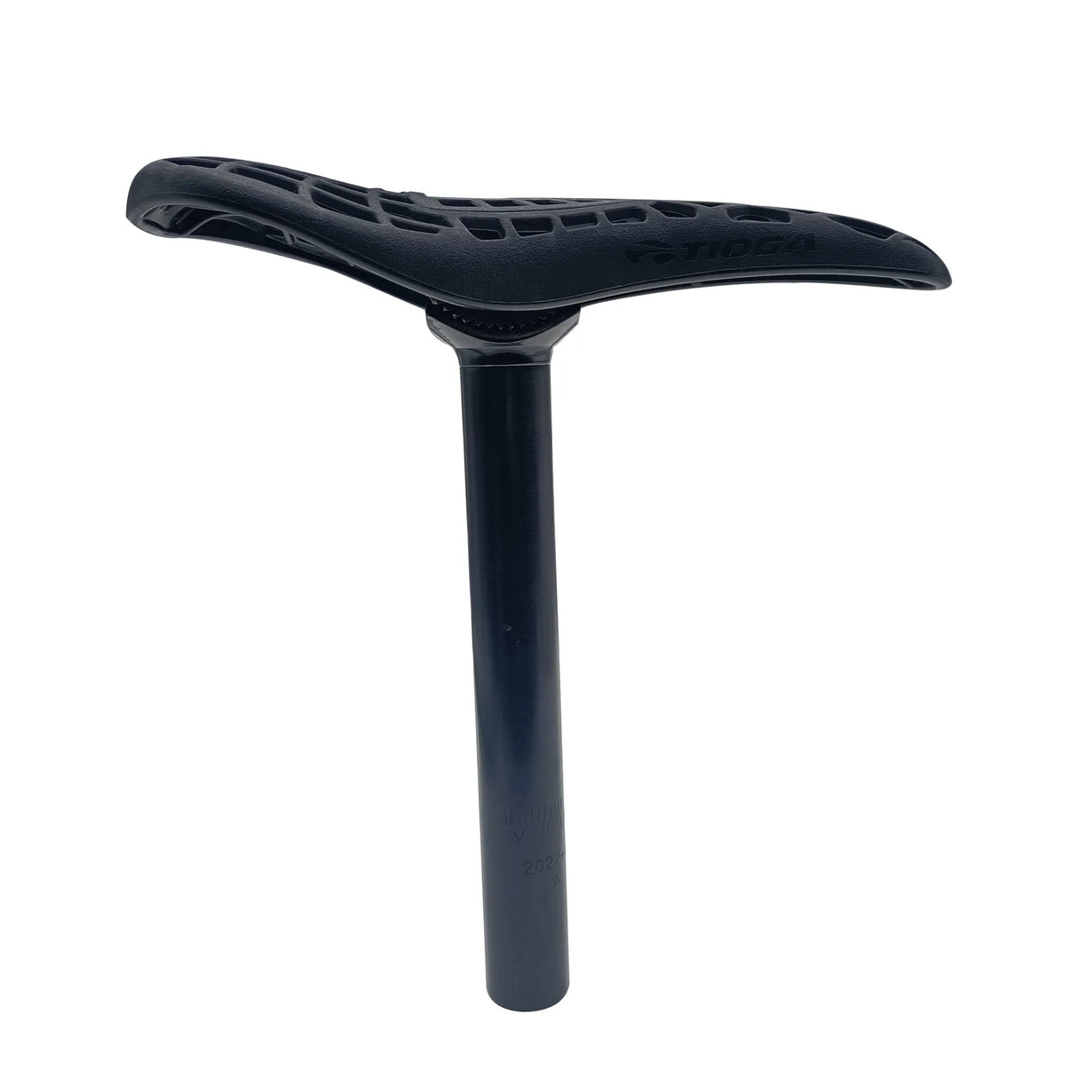 Yoshoka Pivotal Saddle / Seat With Post, sleek black ergonomic saddle with lattice cutouts, mounted on a glossy seat post
