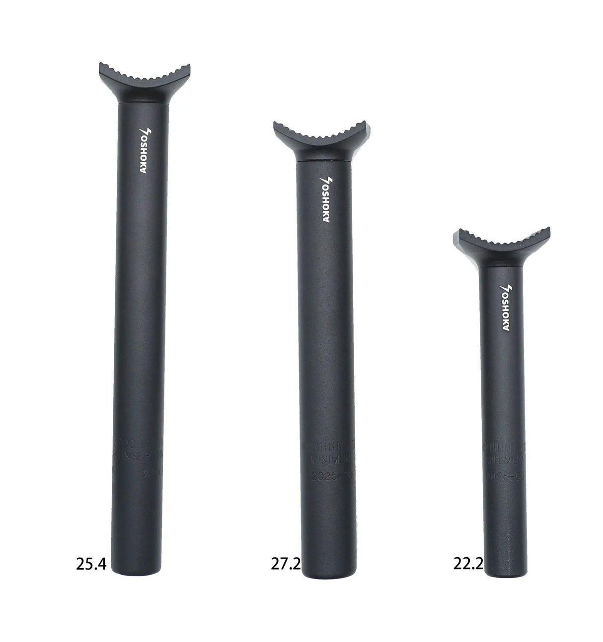 Yoshoka Pivotal Seat Post Aluminium, black post with serrated curved clamps, white logo along shaft, three sizes shown.!