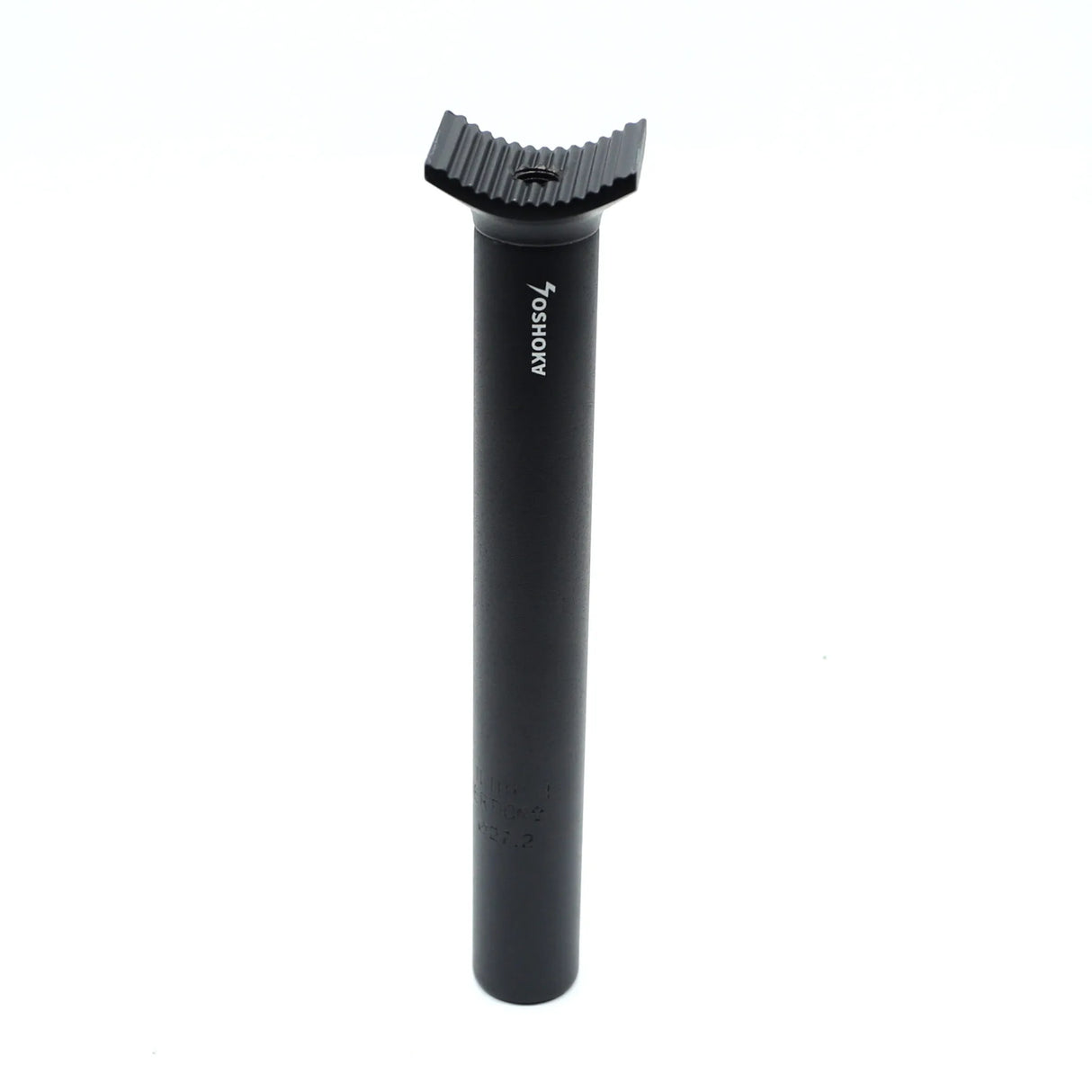 Yoshoka Pivotal Seat Post Aluminium features a black cylindrical post topped with a serrated fan-like clamp and hole opening