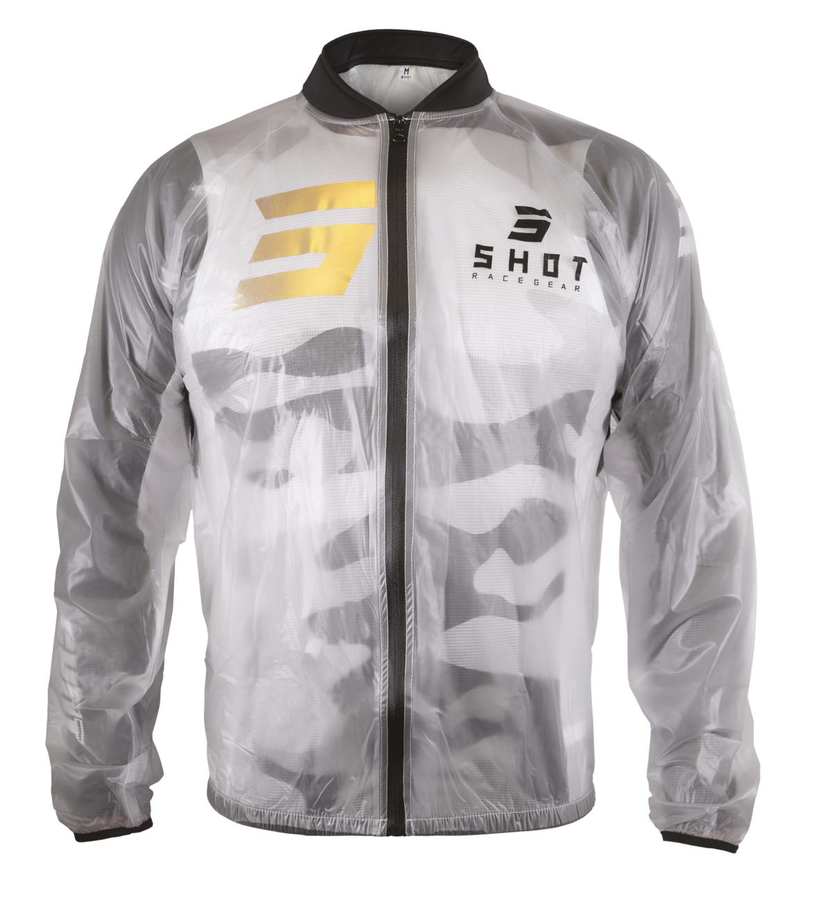 SHOT Waterproof Windbreaker 2.0 Kid (Transparent): silver jacket, gold logo, black zipper, gray camo, bold chest mark glow