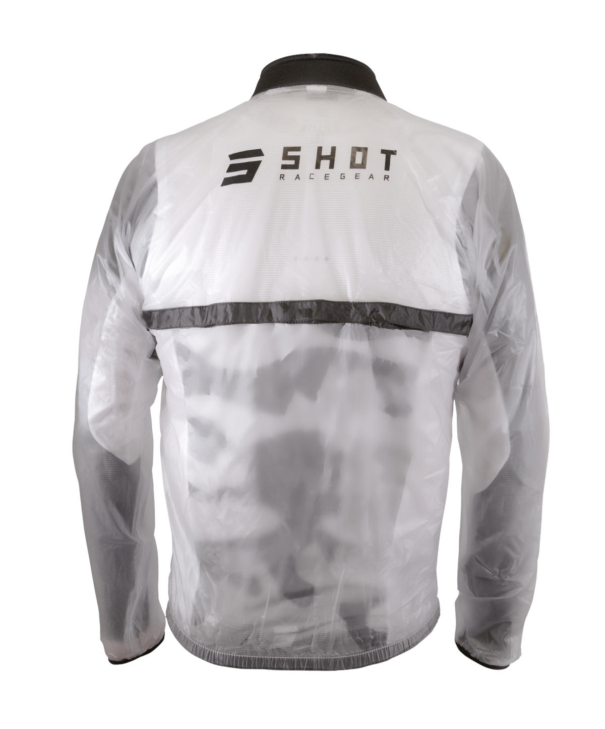 SHOT Waterproof Windbreaker 2.0 Kid (Transparent) white back view with black reflective stripe and logo emblem, lightweight.