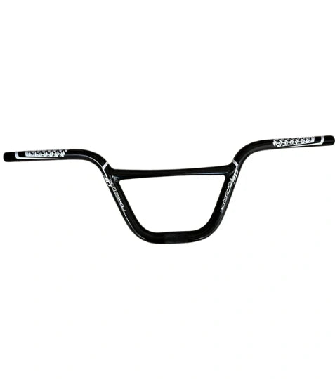 Bombshell Aluminium Bars by SSS Racing in black aluminum with white branding, curved rise, knurled ends with matte finish.