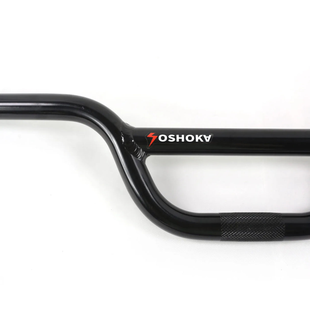 Yoshoka Aluminium Bars, glossy black anodized finish with curved welds, red logo decal, knurled grip. Ideal for BMX racing.