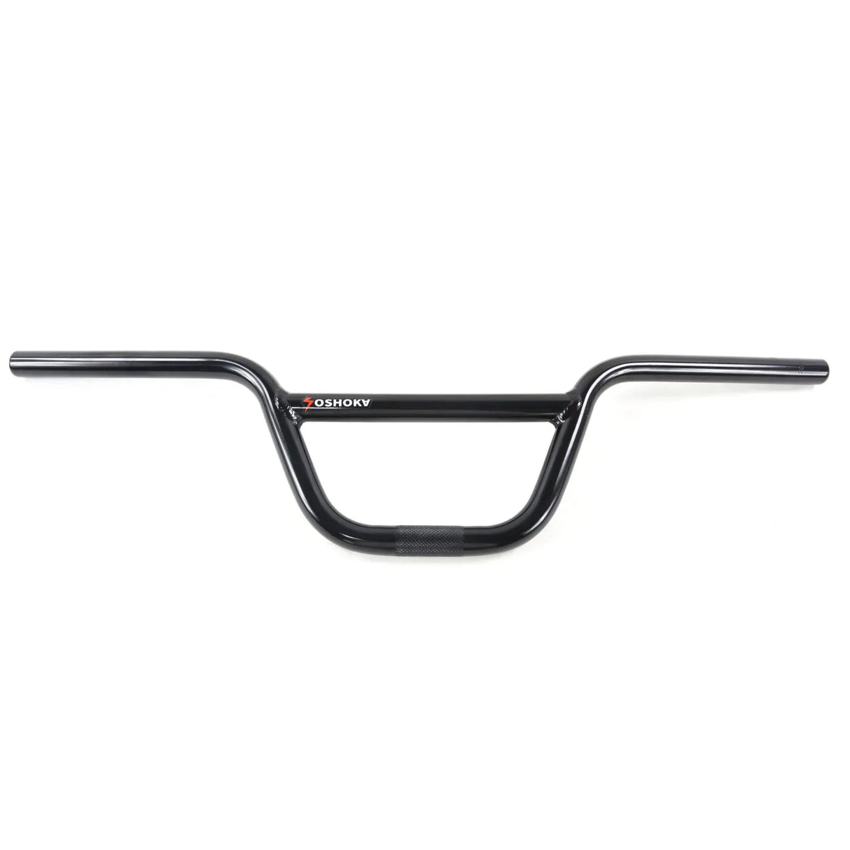 Yoshoka Aluminium Bars by SSS Racing: glossy black handlebars with curved U-shape, knurled grip, metallic sheen, bold logo.