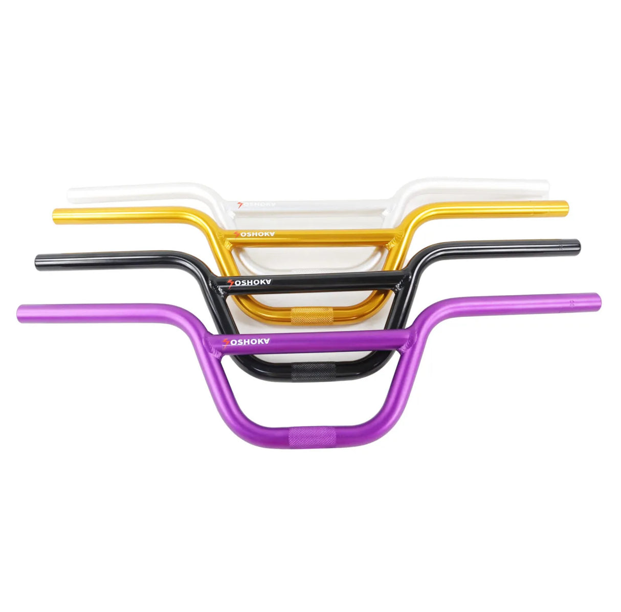 Set of four bicycle handlebar colors (gold, black, purple, silver) on a white background
