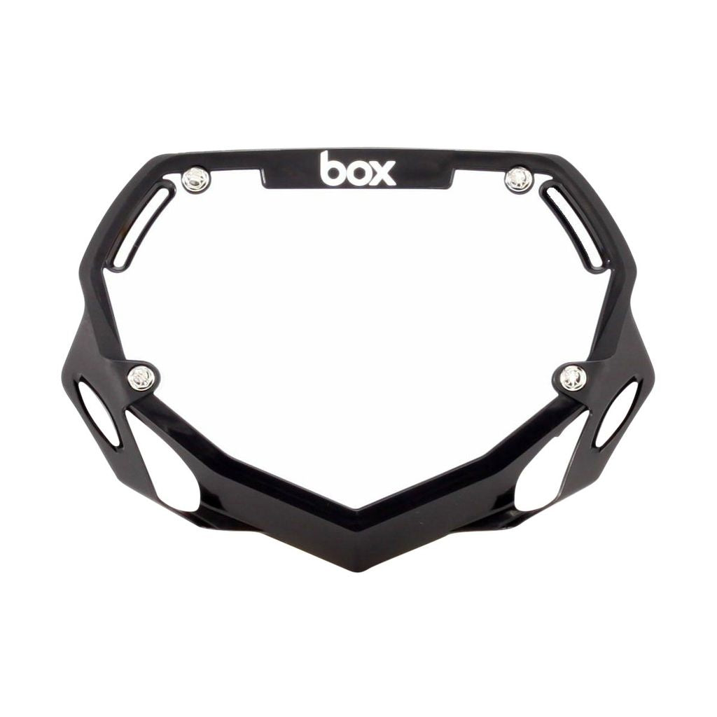 Box Two BMX Number Plates by SSS Racing: black aluminum frame, glossy finish, silver screws, bold white 'box' logo centered