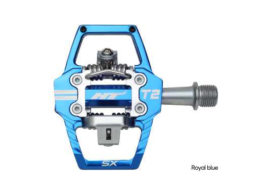 SSS Racing HT T2-SX BMX Racing Clip Pedals in royal blue anodized alloy body with silver hardware, precision bearings fast.