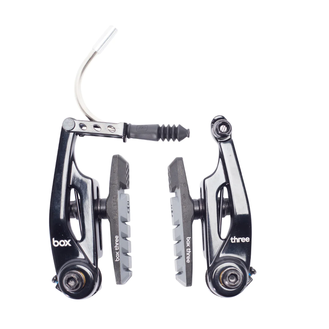 SSS Racing Box Three V-Brake 85mm (Short) black aluminum arms, gray pads, curved noodle, compact dual-pivot calipers pair