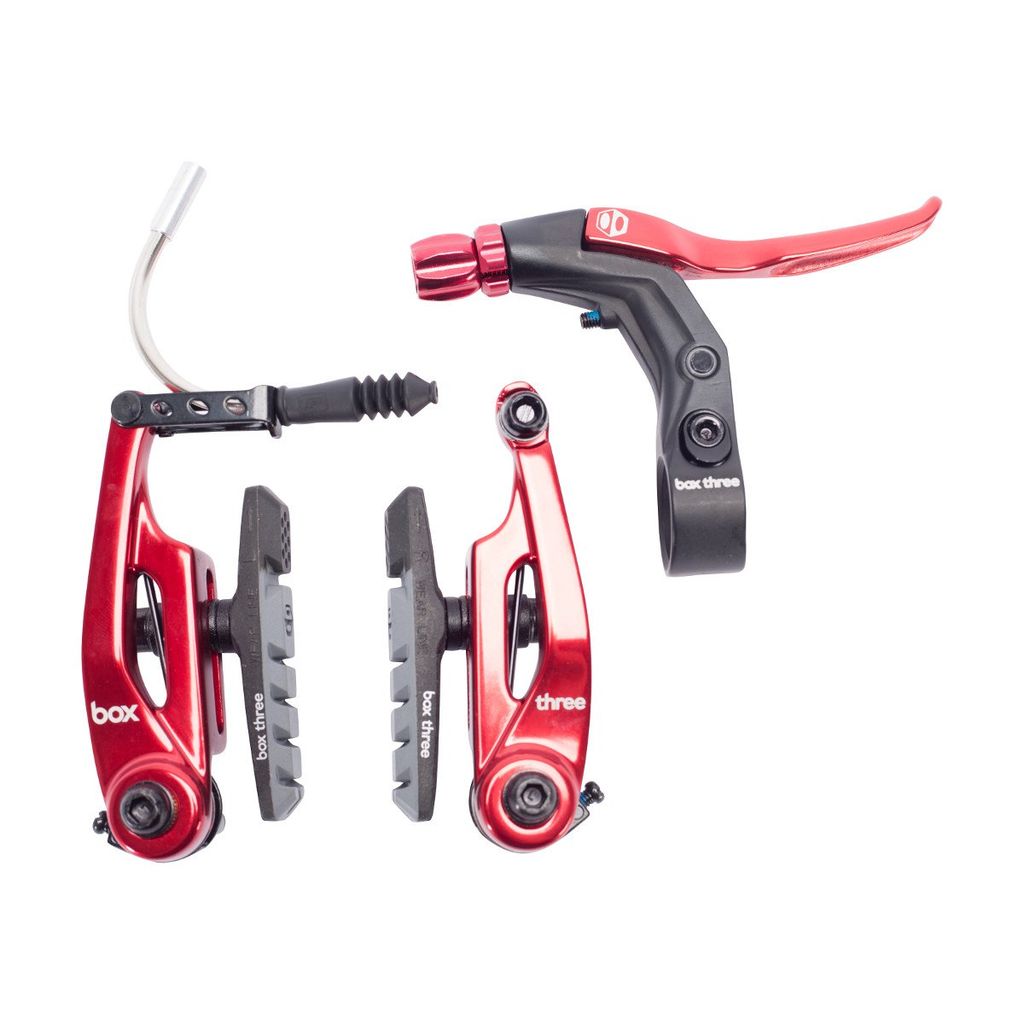 SSS Racing Box Three V-Brake Kit (Short) 85mm, red aluminum levers, black housing, gray pads, high-precision components.