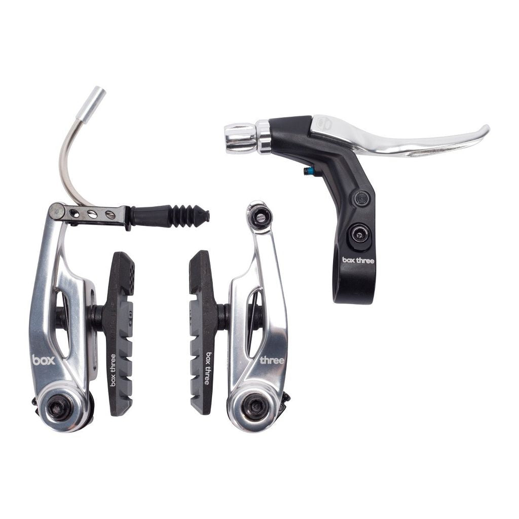 SSS Racing Box Three V-Brake Kit (Short) 85mm: silver aluminum levers, black alloy arms, rubber boots, and brake pads kit