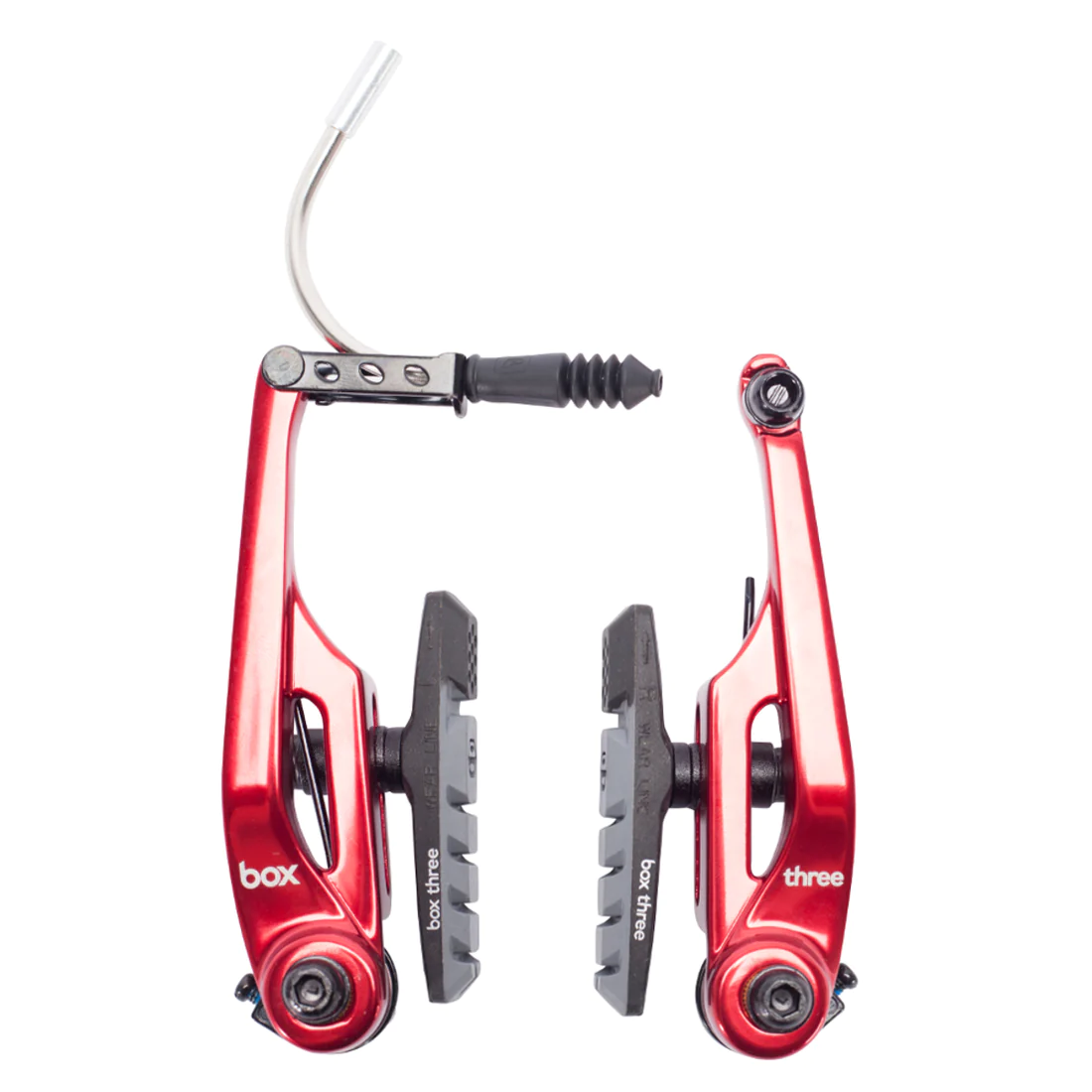 SSS Racing Box Three V-Brake 108mm (Long) red anodized aluminum calipers with gray 108mm pads and stainless hardware. kit.