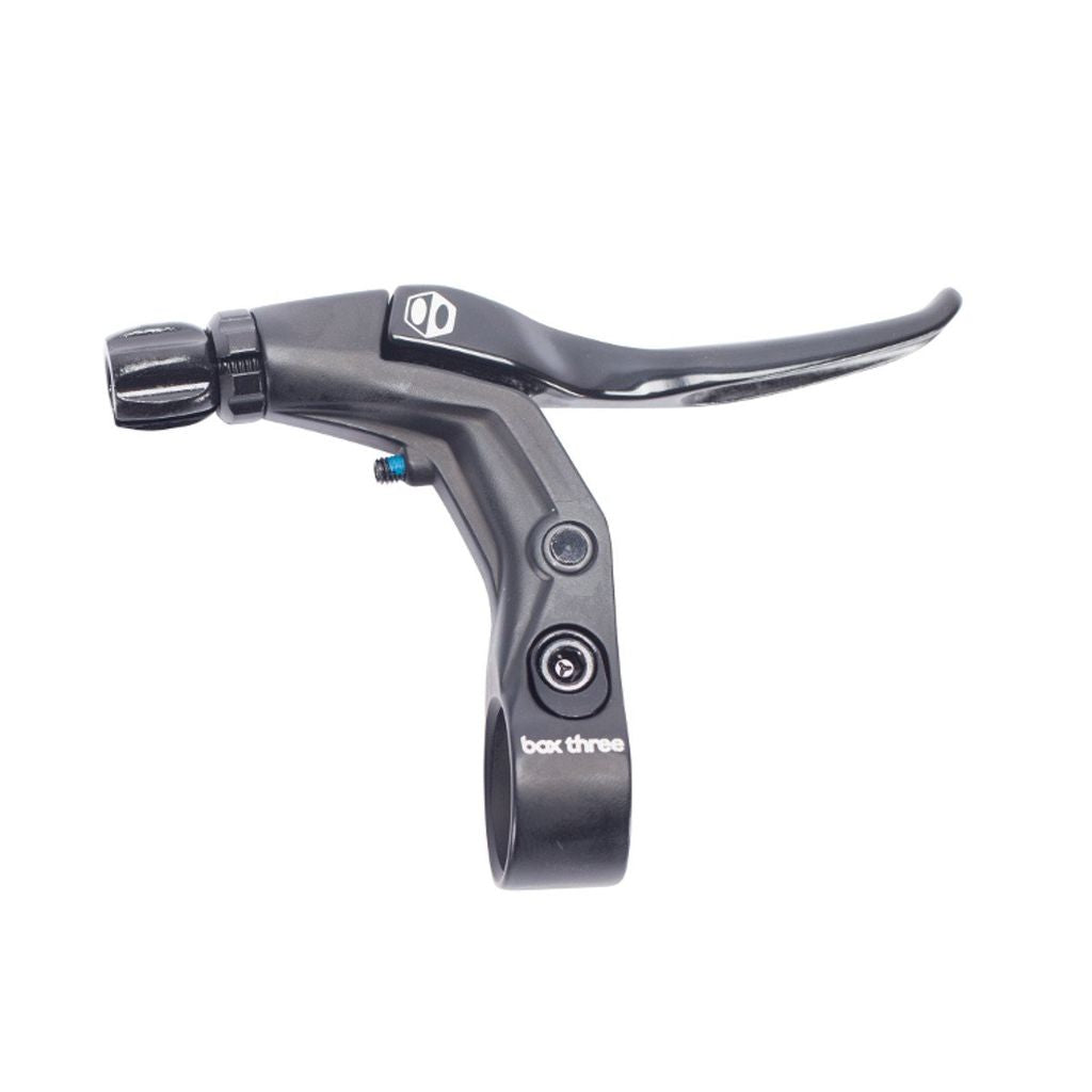 Box Three V-Point Short Reach Brave Lever by SSS Racing black anodized aluminum lever with textured grip, silver bolt finish