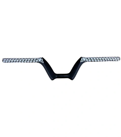 Bombshell Carbon Bars by SSS Racing, black with silver braided cables, carbon fiber bars, grey-white textured and bold ends!