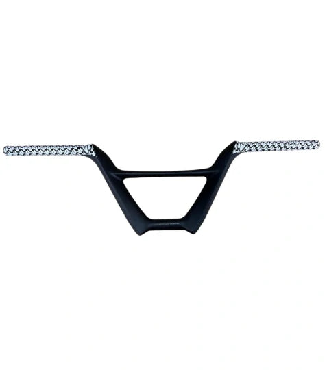 Bombshell Carbon Bars by SSS Racing: black carbon frame with silver braided ends, sleek central trapezoid cutout, race-ready.