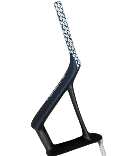 Bombshell Carbon Bars by SSS Racing: matte black carbon fiber frame with white chevron-pattern grip aero shaping ultra-light
