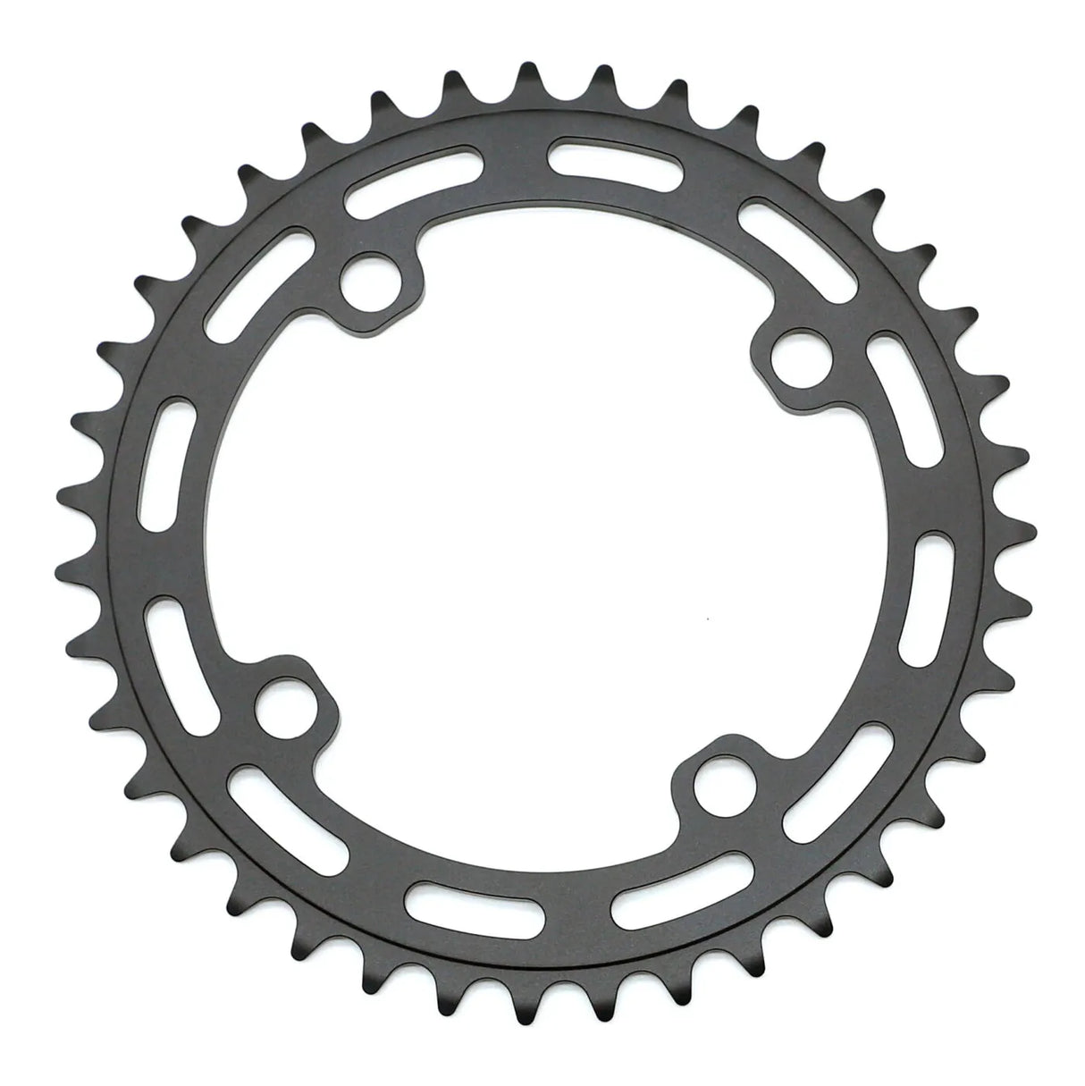 Yoshoka Chainrings Black by SSS Racing, matte gray aluminum with cutout spokes and 44-tooth profile, anti-slip edge. gloss.
