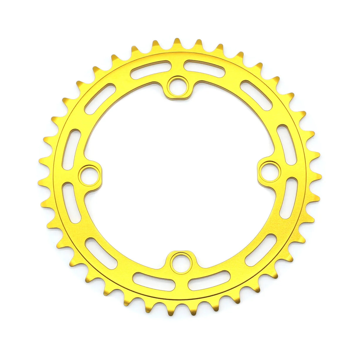 Yoshoka Chainrings Colour by SSS Racing: gold anodized aluminum chainring with slim oval cutouts and sharp teeth, robust.