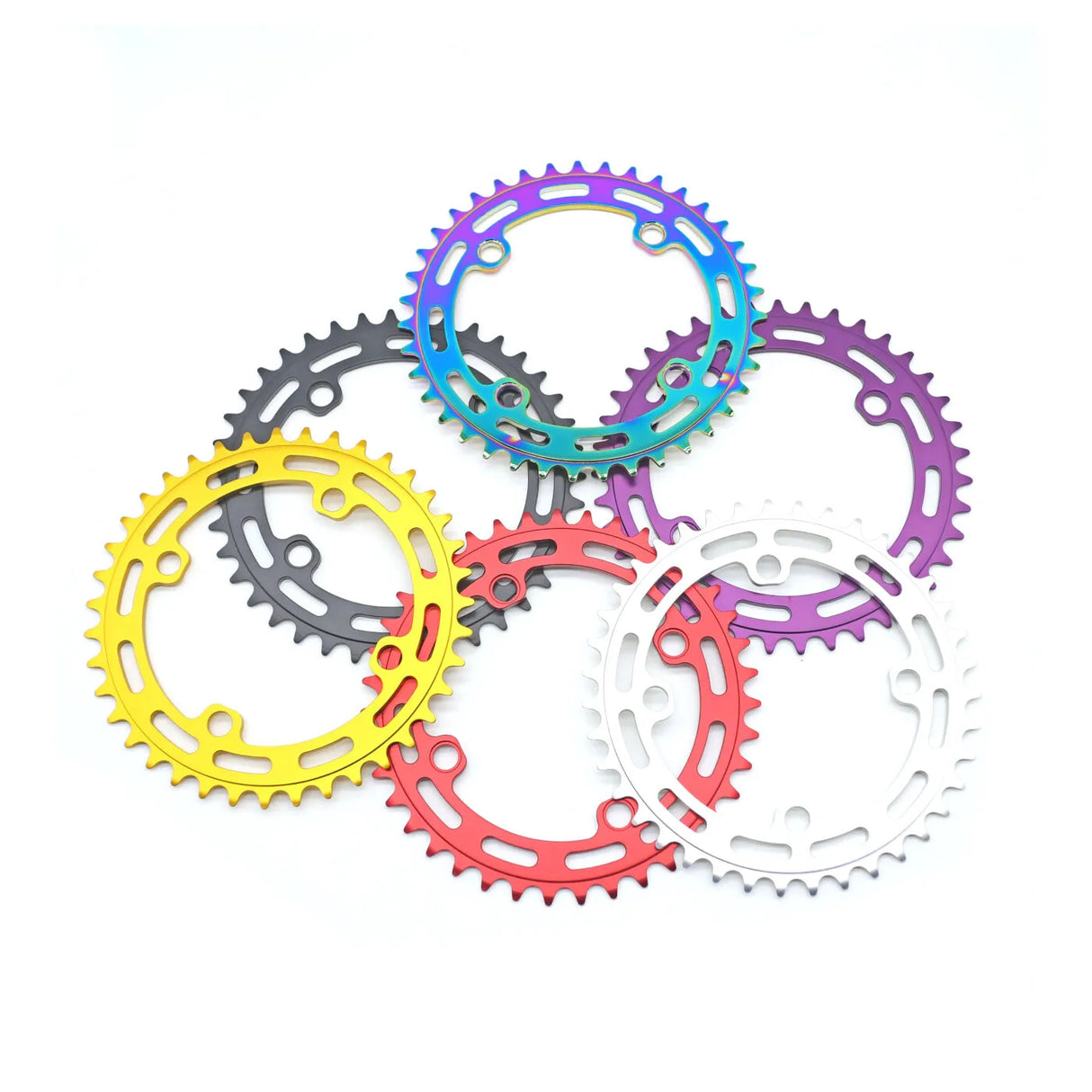 Yoshoka Chainrings Colour by SSS Racing in anodized rainbow hues—blue purple; aluminum with cutouts and secure bolt holes.