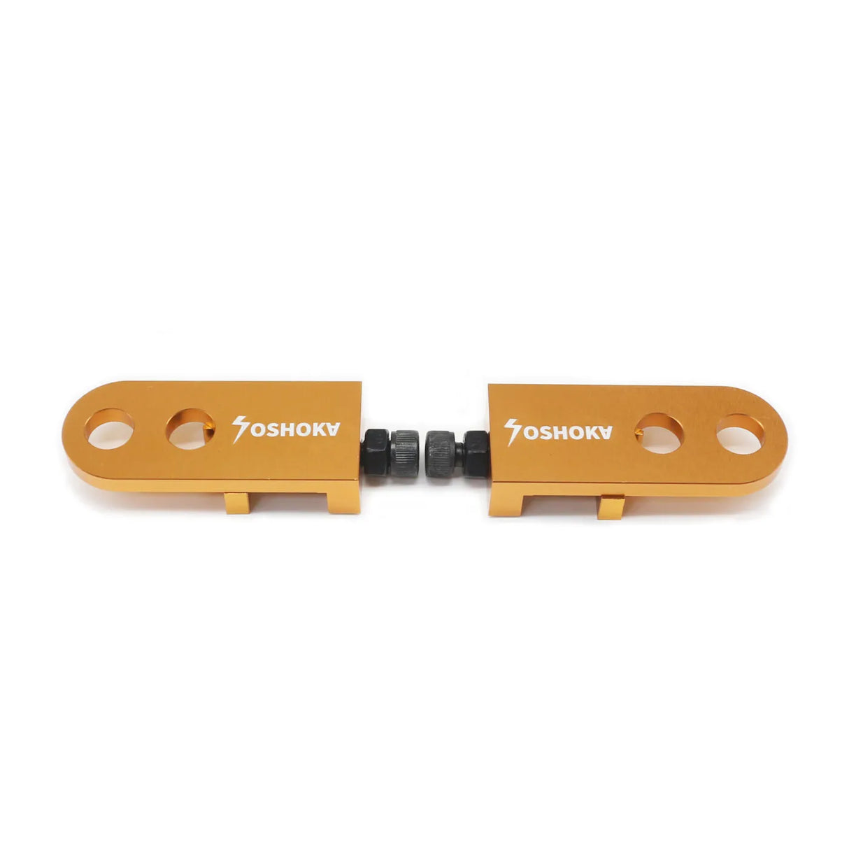 Yoshoka Two-Hole Chain Tensioner by SSS Racing, orange anodized aluminum, black fasteners, two holes, compact precision mount.