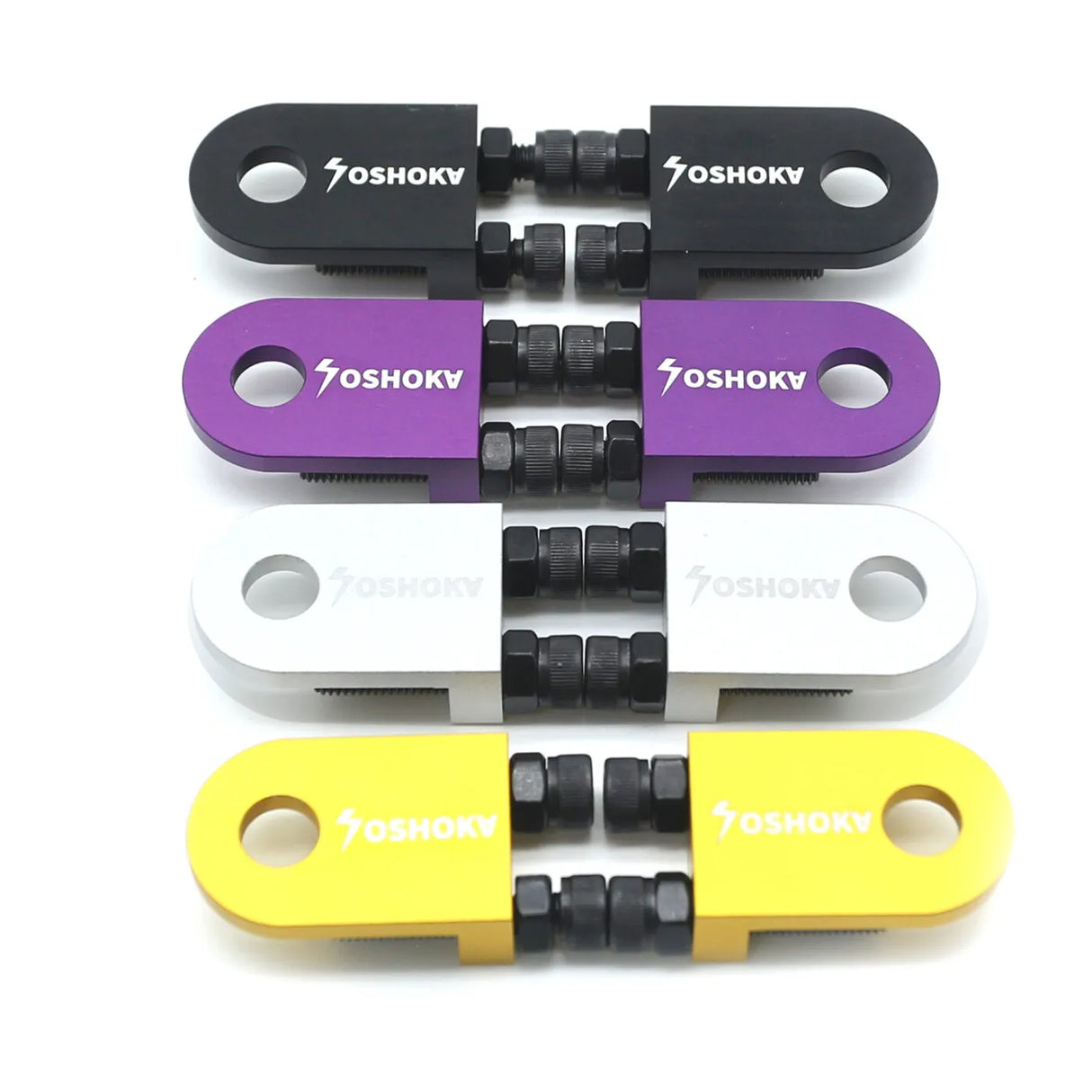 Yoshoka One-Hole Version Chain Tensioner by SSS Racing: black, purple, white, yellow anodized aluminum with knurled screws.