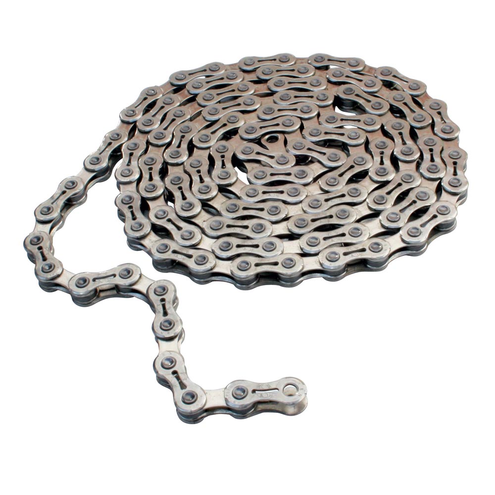 Gusset GS-9 Chain 3/32" silver-steel bike chain, polished links, gray alloy finish, SSS Racing branding, durable precision.
