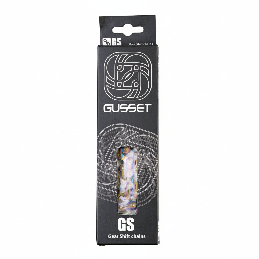 SSS Racing Gusset GS-9 Chain 3/32" rainbow iridescent, silver links, black packaging with white GS logo and sketch Sleek.
