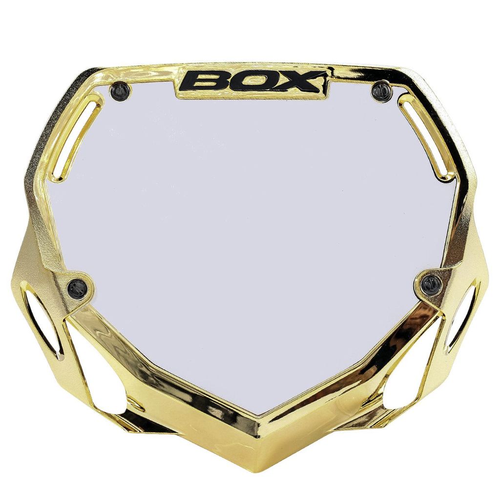 Box Two BMX Number Plates (Chrome) by SSS Racing: polished chrome, bold BOX logo, octagonal frame, metallic gold accents