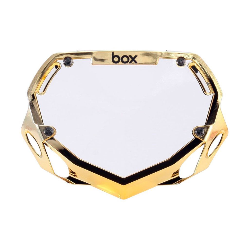 Box Two BMX Number Plates (Chrome) by SSS Racing on a gold frame with white insert, octagonal shield, riveted screws chrome