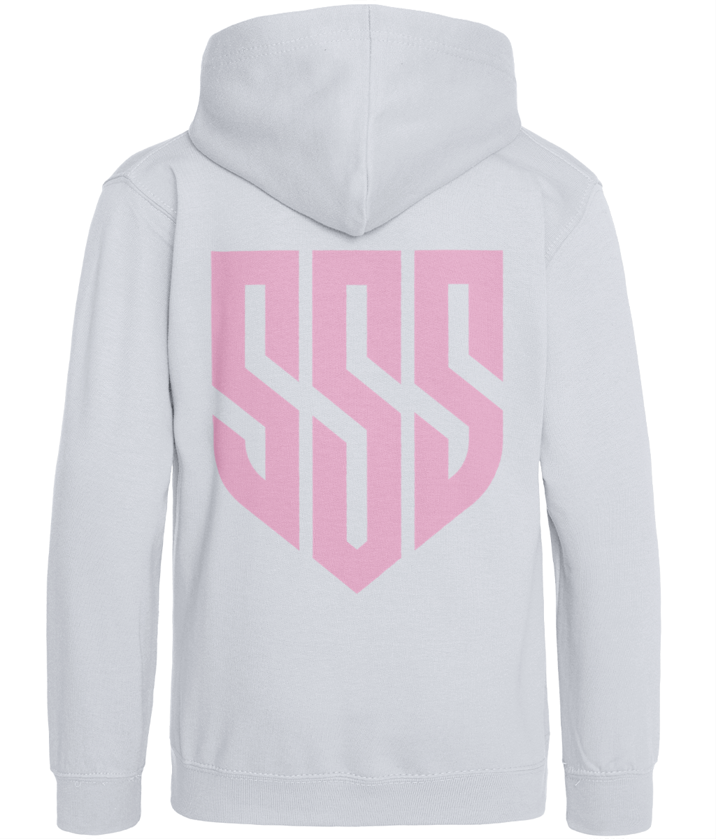 SSS Racing SSS Kids Hoodie (Unisex) white cotton fleece pink shield graphic ribbed cuffs and hem for durable, comfy wear.