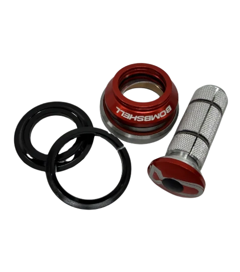 Bombshell Integrated Headset- Complete Set (Tapered) SSS Racing red anodized cups, silver knurled stem, black seals. kit.