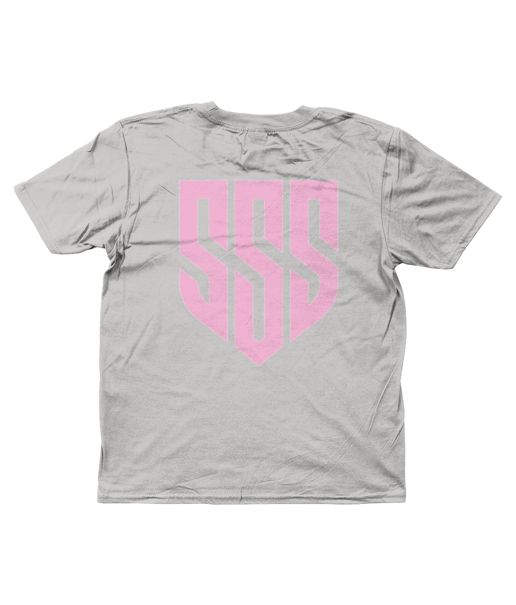 SSS Racing Kids Tee (Unisex T-Shirt) in light gray with pink geometric back logo; soft cotton blend fabric and bold emblem.