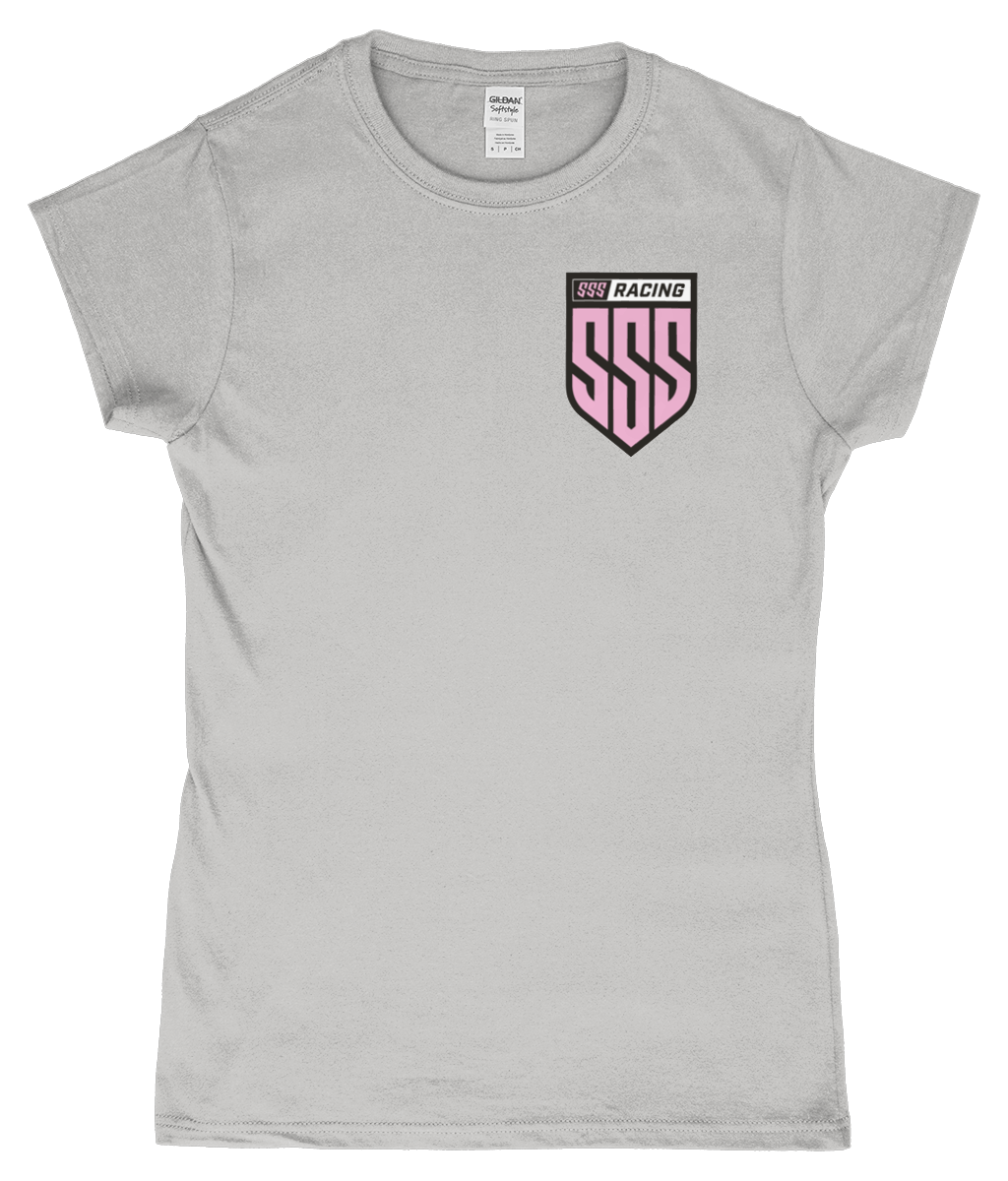 SSS Racing Ladies Tee (T-Shirt) gray cotton tee with pink shield logo on chest, bold SSS lettering with black outline, bold.