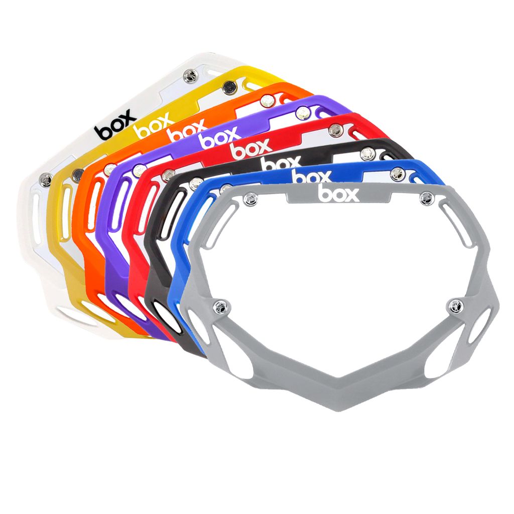 Box Two BMX Number Plates by SSS Racing: aluminum frames in white, yellow, orange, red, blue, black, gray with silver screws
