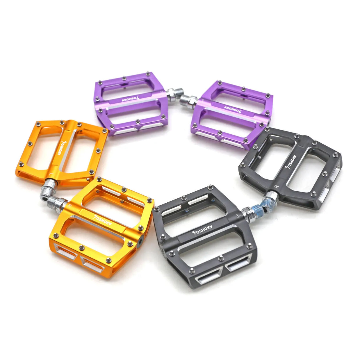 Yoshoka Race Pedal YSA-BRP303 by SSS Racing: anodized aluminum orange, purple, gray pedals with stainless bolts and grips.