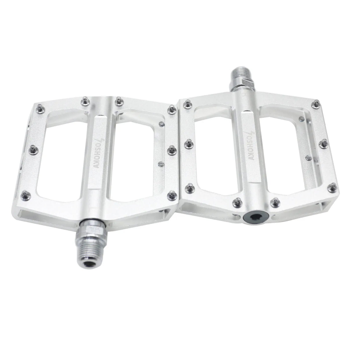 Yoshoka Race Pedal YSA-BRP303 SSS Racing silver anodized aluminum pedals with black grips, hex bolts, dual platform design.