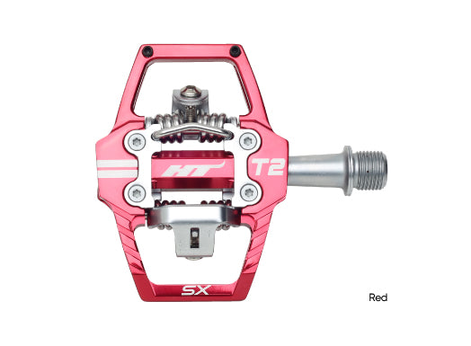 SSS Racing HT T2-SX BMX Racing Clip Pedals in red aluminum alloy body with silver spindle and textured steel grip, rugged.