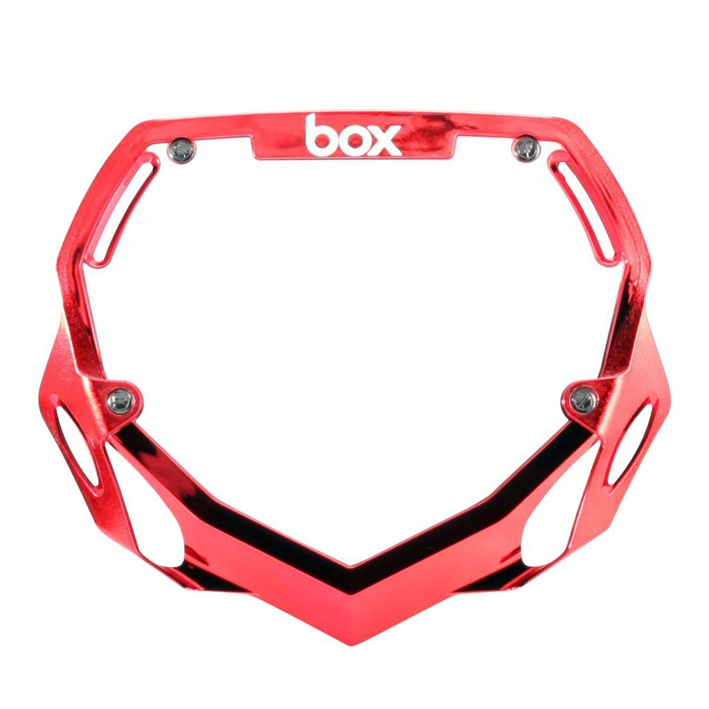Box Two BMX Number Plates (Chrome) SSS Racing chrome red frame, metallic finish, bold box logo, sporty cutouts, high-gloss.