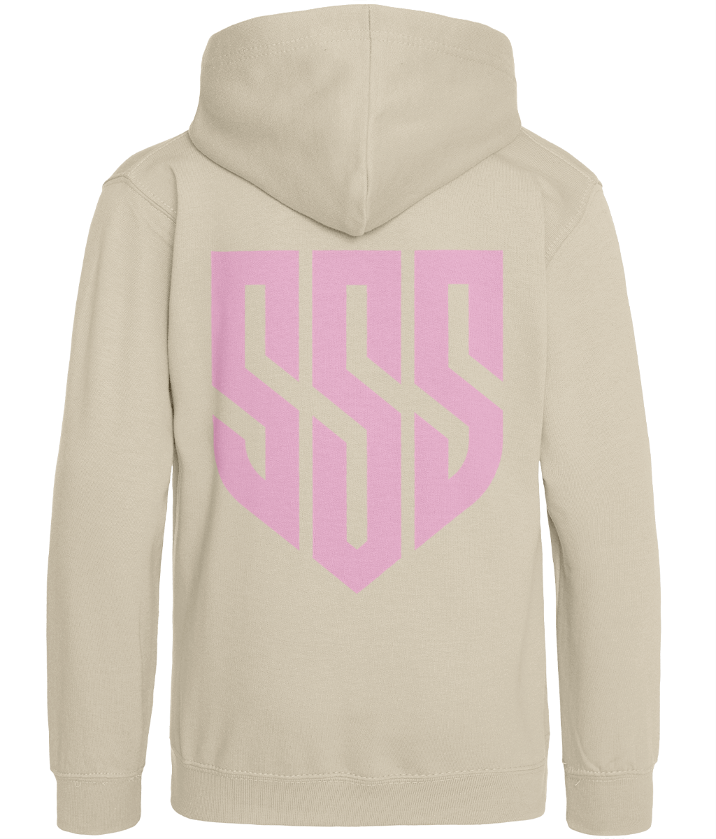 SSS Racing SSS Kids Hoodie (Unisex) beige cotton fleece with pink geometric shield logo on back, soft, durable, comfy, cozy