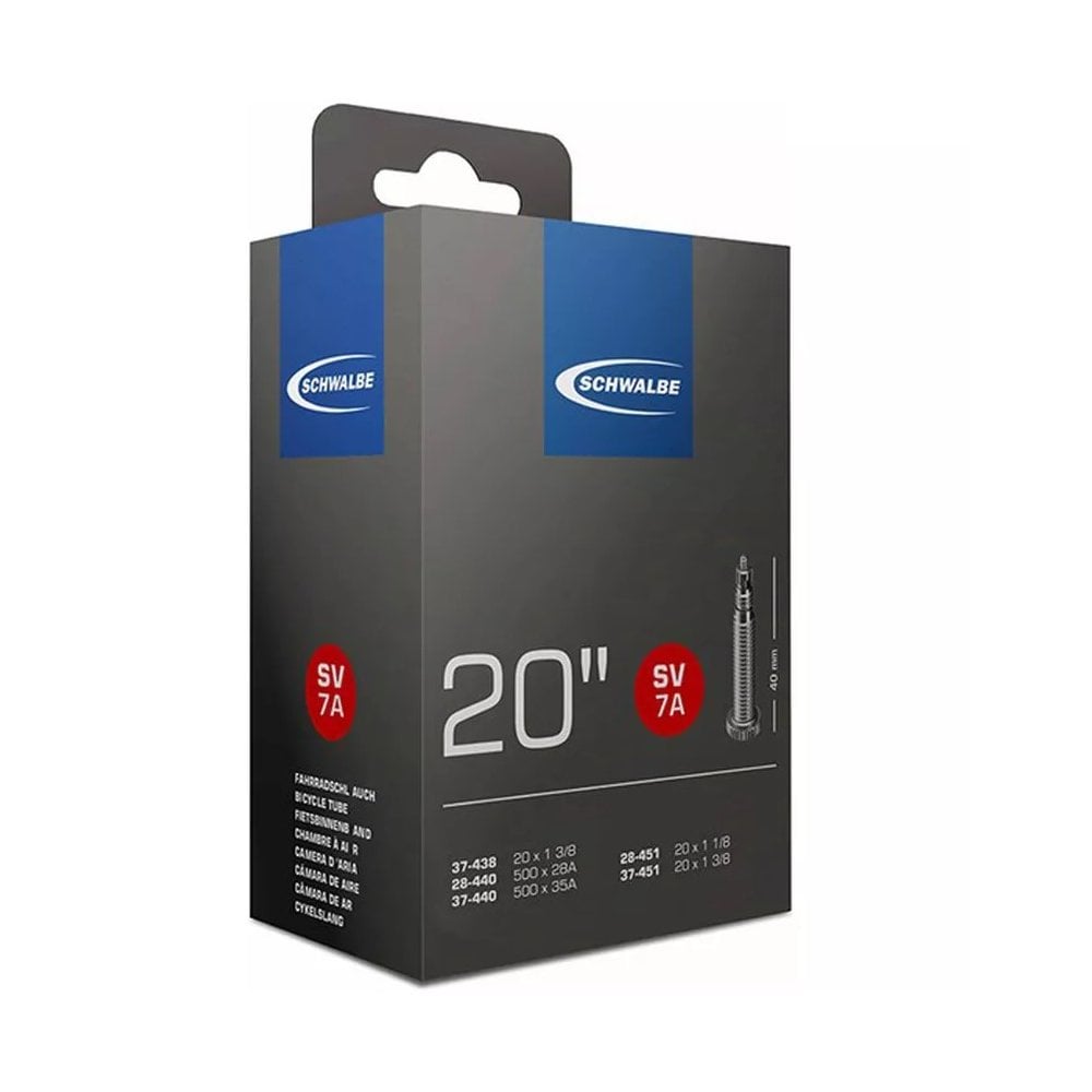 SSS Racing Schwalbe Inner Tube 20" SV7A 1-3/8" black packaging with blue logos red SV7A badges valve detail highly visible.